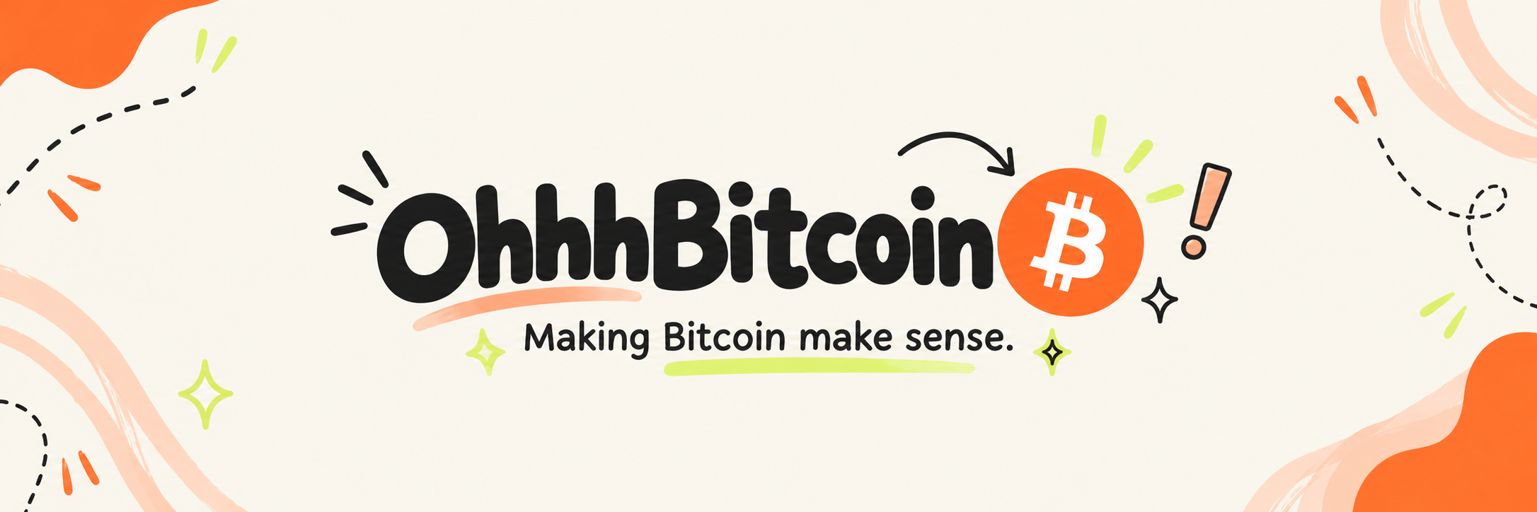 OhhhBitcoin — Making Bitcoin make sense. Playful Bitcoin coin, sparkles and exclamation marks.